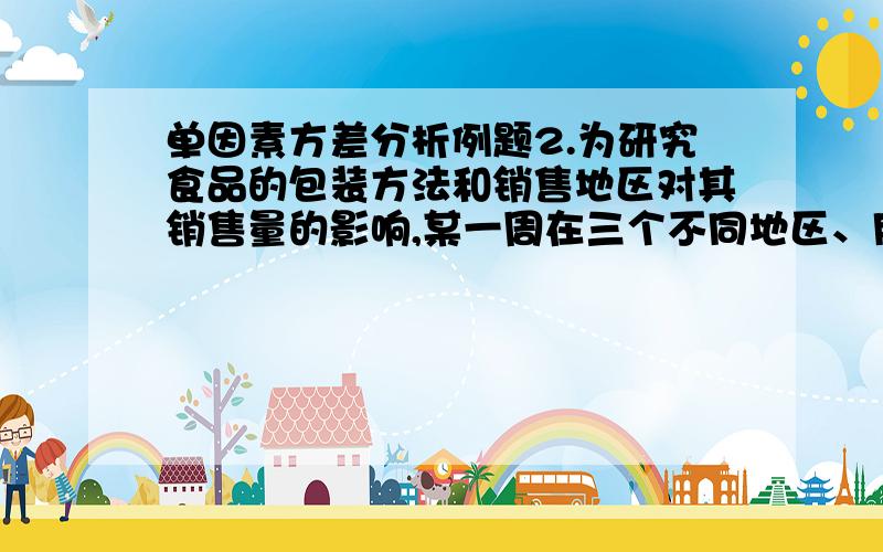 单因素方差分析例题2.为研究食品的包装方法和销售地区对其销售量的影响,某一周在三个不同地区、用三种不同的包装方法进行销售,获得的销售量数据如下：单位：公斤销售地区\x05包装方