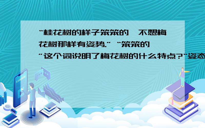 “桂花树的样子笨笨的,不想梅花树那样有姿势.” “笨笨的”这个词说明了梅花树的什么特点?“姿态”一词急呀!好的加分,“回答者重重有赏”!