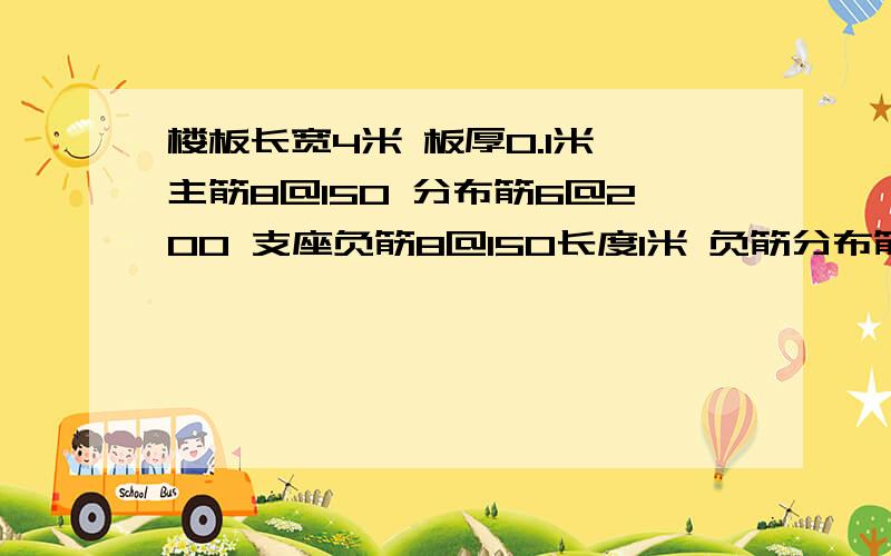 楼板长宽4米 板厚0.1米 主筋8@150 分布筋6@200 支座负筋8@150长度1米 负筋分布筋为6@250 求钢筋用量计算法分布负筋按那边算根数