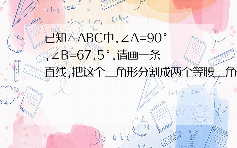 已知△ABC中,∠A=90°,∠B=67.5°,请画一条直线,把这个三角形分割成两个等腰三角形．怎么画?