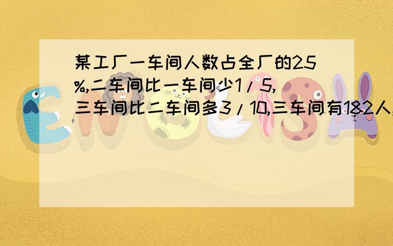 某工厂一车间人数占全厂的25%,二车间比一车间少1/5,三车间比二车间多3/10,三车间有182人,全厂有多少人