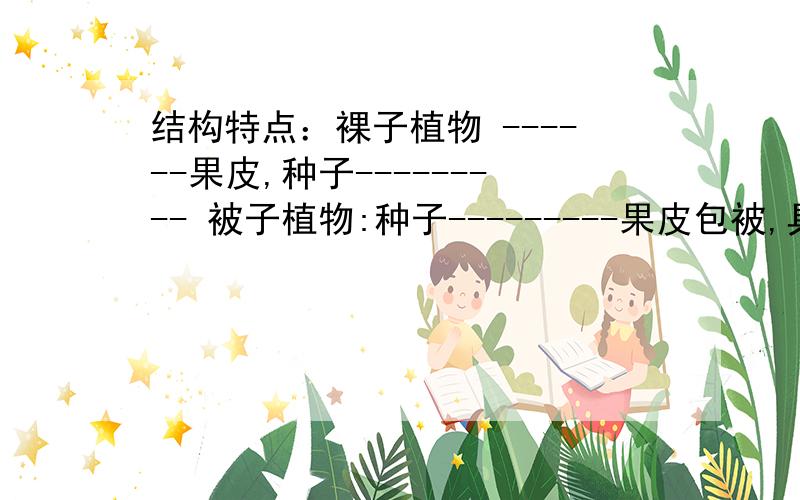 结构特点：裸子植物 ------果皮,种子--------- 被子植物:种子---------果皮包被,具有--------、--------裸子植物------果皮,种子--------- 被子植物:种子---------果皮包被,具有--------、---------、--------、-----