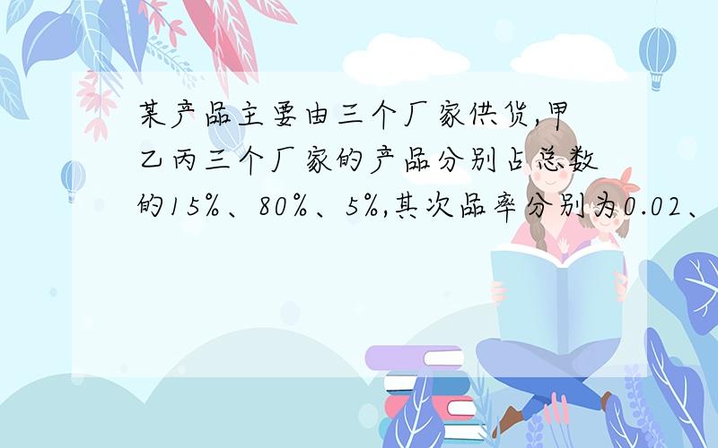 某产品主要由三个厂家供货,甲乙丙三个厂家的产品分别占总数的15%、80%、5%,其次品率分别为0.02、0.01、0.03（1）从这批产品中任取一件是不合格品的概率?（2）已知从这批产品中随机地取出一