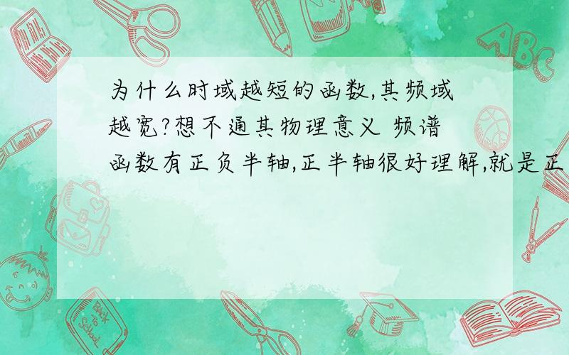 为什么时域越短的函数,其频域越宽?想不通其物理意义 频谱函数有正负半轴,正半轴很好理解,就是正频率,其物理意义是什么、?我是学通信的,感觉自己数学不怎么样,谁能给点建议啊