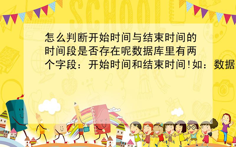 怎么判断开始时间与结束时间的时间段是否存在呢数据库里有两个字段：开始时间和结束时间!如：数据库里的数据：开始时间：2012/5/7 12:00:00结束时间：2012/5/8 12:00:00插入数据开始时间：2012/