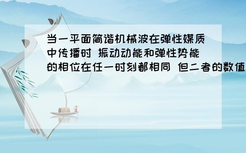 当一平面简谐机械波在弹性媒质中传播时 振动动能和弹性势能的相位在任一时刻都相同 但二者的数值不相等 这句话错在哪?