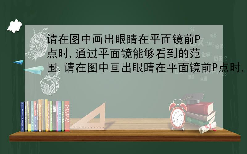 请在图中画出眼睛在平面镜前P点时,通过平面镜能够看到的范围.请在图中画出眼睛在平面镜前P点时,通过平面镜能够看到的范围.（提示：连接P和镜子的边缘形成两条线,这两条线在镜面一侧