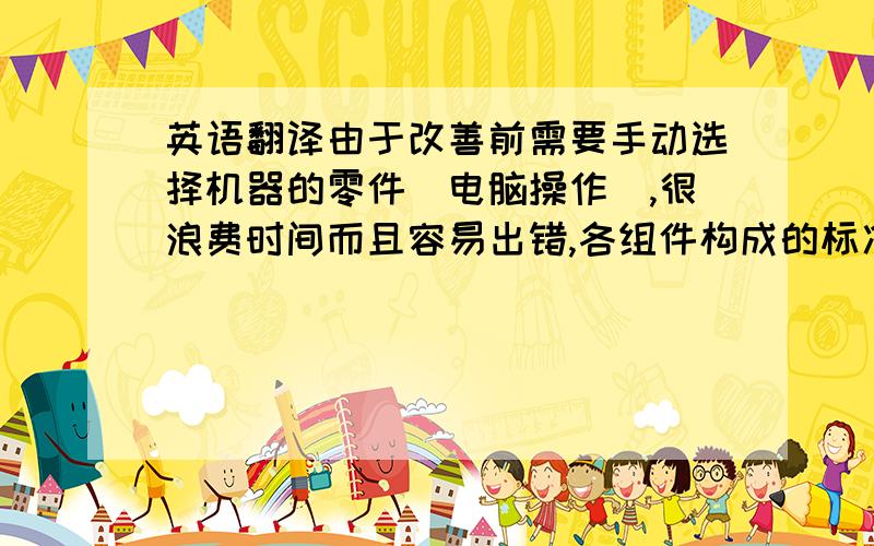 英语翻译由于改善前需要手动选择机器的零件（电脑操作）,很浪费时间而且容易出错,各组件构成的标准化缺乏导致该项业务一直比较混乱,因而Qcos作成被认为是一项令人头疼的工作.