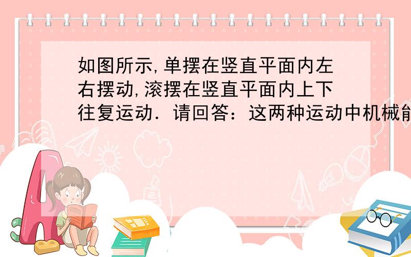 如图所示,单摆在竖直平面内左右摆动,滚摆在竖直平面内上下往复运动．请回答：这两种运动中机械能            .（选填“守恒”或“不守恒”）