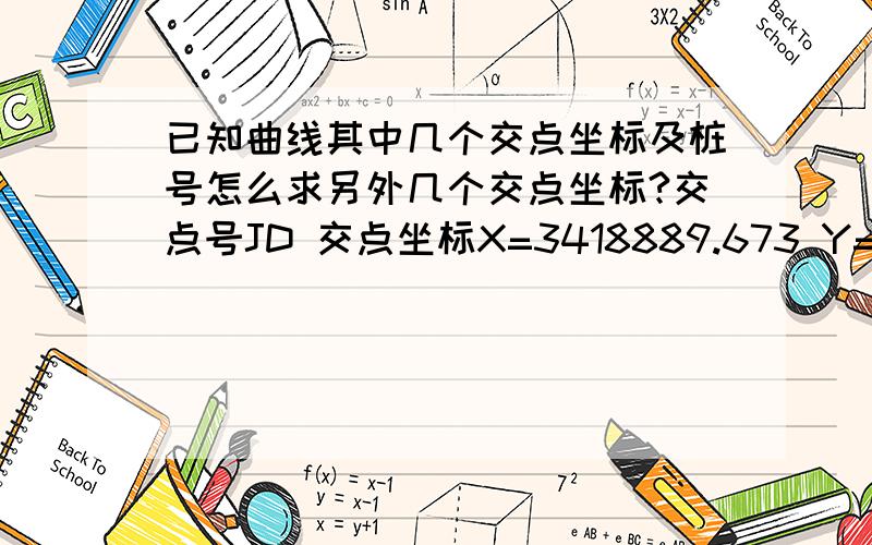 已知曲线其中几个交点坐标及桩号怎么求另外几个交点坐标?交点号JD 交点坐标X=3418889.673 Y=613252.087 交点桩号：H1+200.421 转角值：23°53′16.9″切线长度34.903 曲线长度68.793 外距：3.651 校正值：1