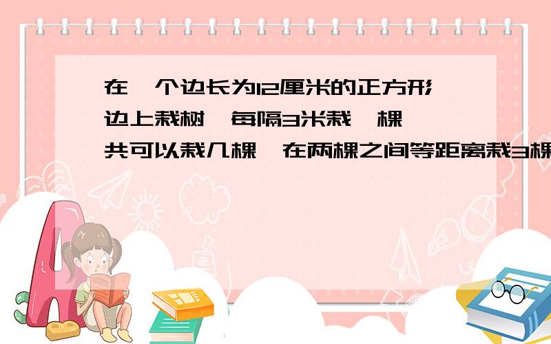 在一个边长为12厘米的正方形边上栽树,每隔3米栽一棵,一共可以栽几棵,在两棵之间等距离栽3棵.一共可以栽多少棵?每两棵之间的距离是多少?