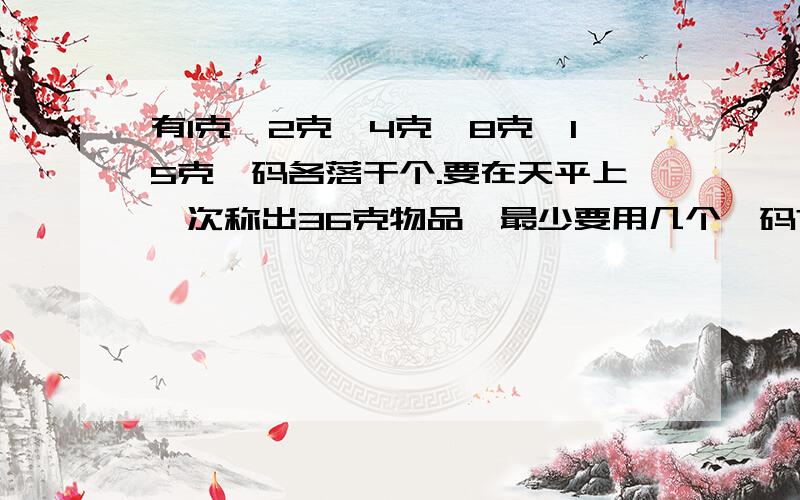 有1克、2克、4克、8克、15克砝码各落干个.要在天平上一次称出36克物品,最少要用几个砝码?分别是哪几个?