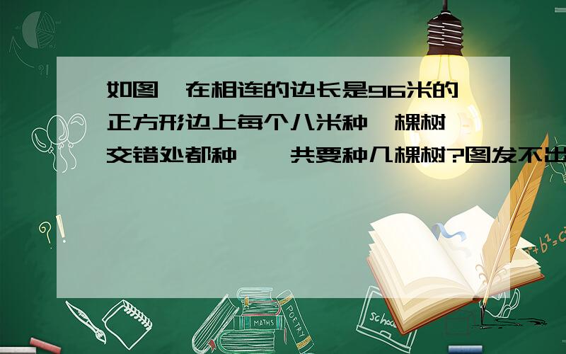 如图,在相连的边长是96米的正方形边上每个八米种一棵树,交错处都种,一共要种几棵树?图发不出来,我口头上说,一个正方形中间有个十字架,是田字形!