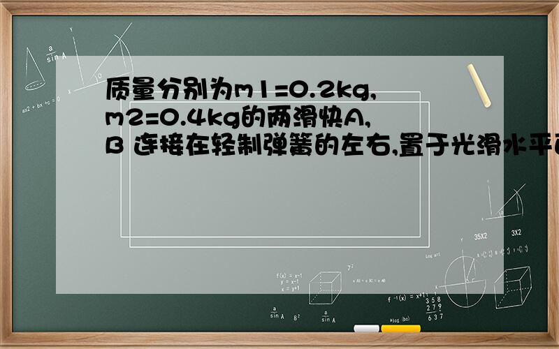 质量分别为m1=0.2kg,m2=0.4kg的两滑快A,B 连接在轻制弹簧的左右,置于光滑水平面上,用一绳把两滑快拉至最近,这时弹簧的弹性势能E0=0.6J,让两滑快一v0=2m/s向右运动,某时绳断开,求之后AB的最大速度