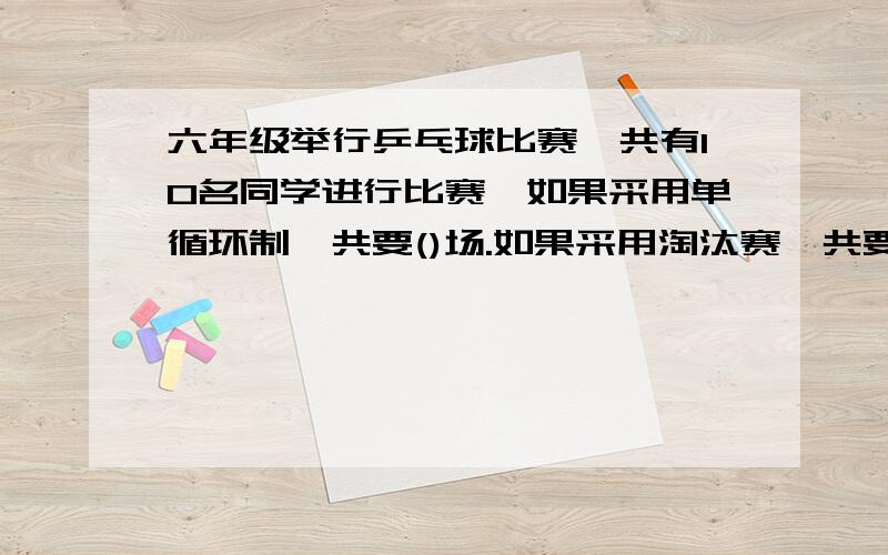 六年级举行乒乓球比赛,共有10名同学进行比赛,如果采用单循环制,共要()场.如果采用淘汰赛,共要（）场 加上你是怎么算的