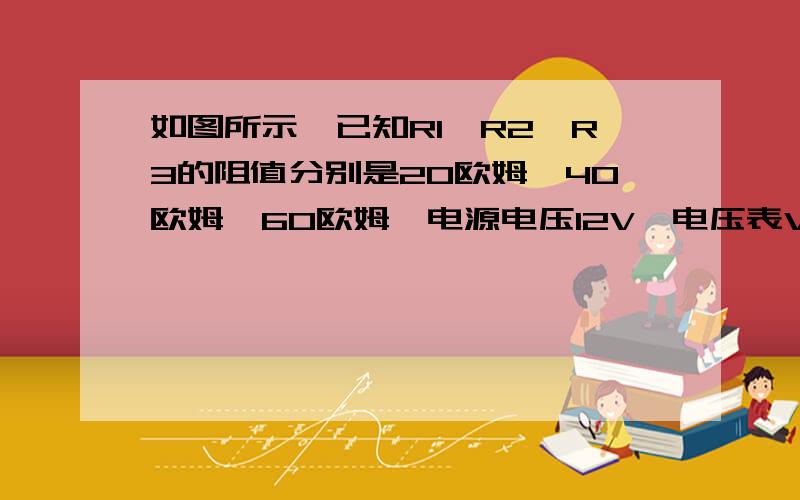 如图所示,已知R1、R2、R3的阻值分别是20欧姆、40欧姆、60欧姆,电源电压12V,电压表V1、V2的示数各是多少?