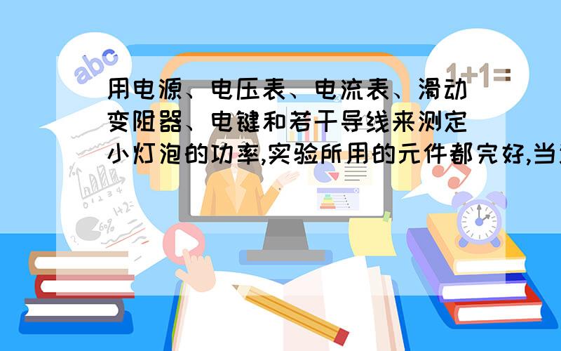 用电源、电压表、电流表、滑动变阻器、电键和若干导线来测定小灯泡的功率,实验所用的元件都完好,当连接好电路,闭合电键之前,发现电压表大 示数为4.5、电流表的示数为0.检查后没有改变