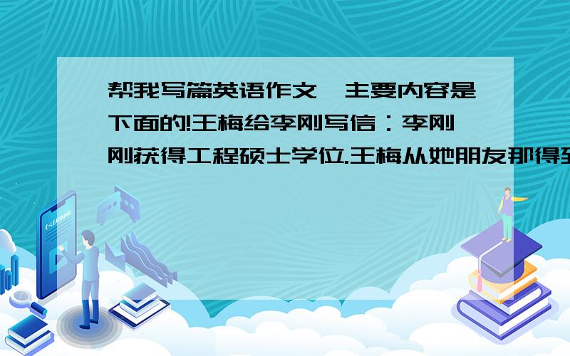 帮我写篇英语作文,主要内容是下面的!王梅给李刚写信：李刚刚获得工程硕士学位.王梅从她朋友那得到消息后像他表示祝贺.这些年里王梅见他一直努力学习非常佩服.王梅相信李刚会在水利