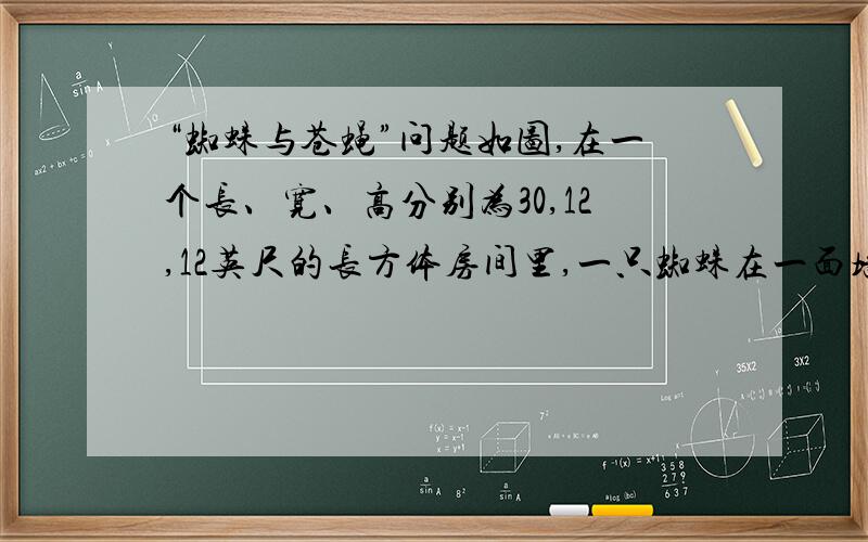 “蜘蛛与苍蝇”问题如图,在一个长、宽、高分别为30,12,12英尺的长方体房间里,一只蜘蛛在一面墙的中间离天花板1英尺的A处,苍蝇则在对面墙的中间离地面1英尺的B处,苍蝇是如此地害怕,以至