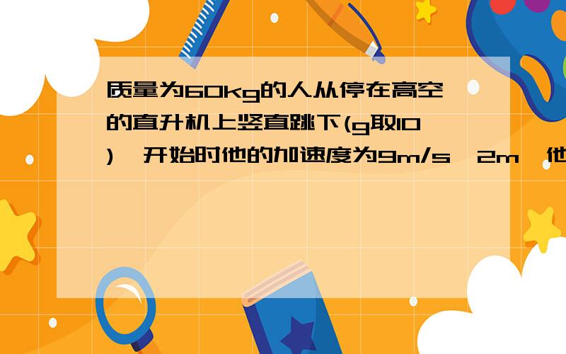 质量为60kg的人从停在高空的直升机上竖直跳下(g取10),开始时他的加速度为9m/s^2m,他受到的空气阻力是_____N,打开降落伞后,下落的加速度为2m/s^2,这时他和降落伞受到的空气阻力是________N,当他接