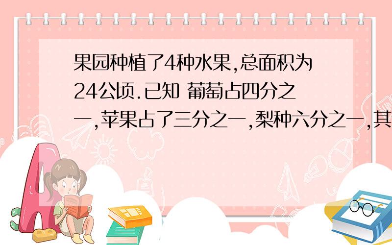 果园种植了4种水果,总面积为24公顷.已知 葡萄占四分之一,苹果占了三分之一,梨种六分之一,其余种草莓.1.种植苹果的面积比种植葡萄的面积多多 其中种植草莓的面积是多少?