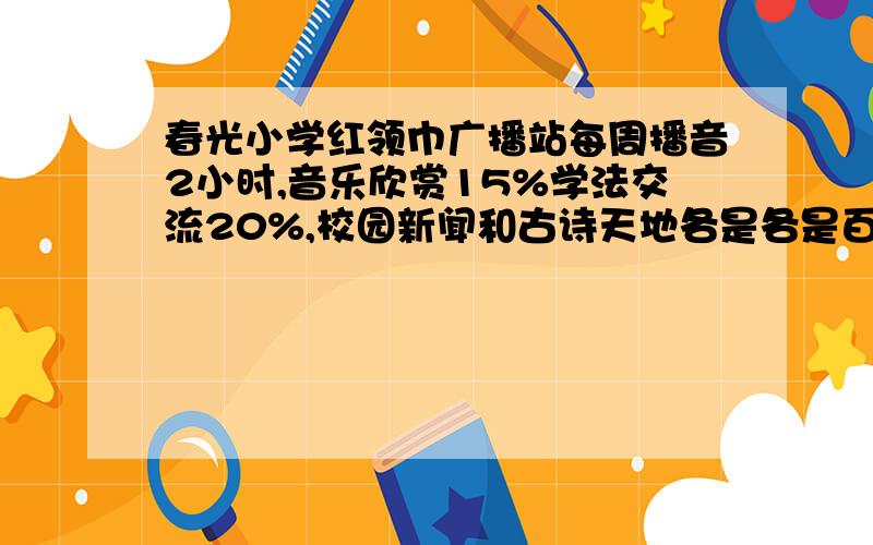 春光小学红领巾广播站每周播音2小时,音乐欣赏15%学法交流20%,校园新闻和古诗天地各是各是百分之几?故事天地、校园新闻、音乐欣赏、学法交流哪个节目的播音时间最长,大约有多少分种?学