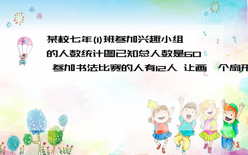 某校七年(1)班参加兴趣小组的人数统计图已知总人数是60 参加书法比赛的人有12人 让画一个扇形统计图 我算得角度是72 可是扇形统计图里的百分比是多少?