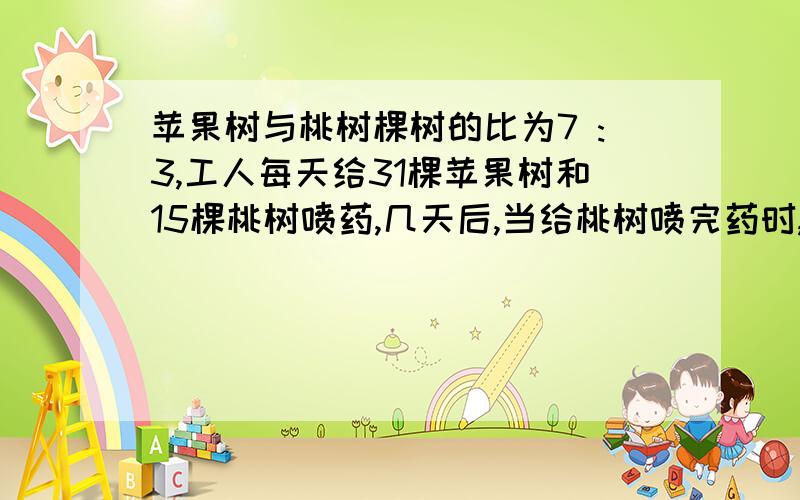 苹果树与桃树棵树的比为7 :3,工人每天给31棵苹果树和15棵桃树喷药,几天后,当给桃树喷完药时,发现苹果树还有24棵没有喷药.果园里有这两种果树各多少颗.