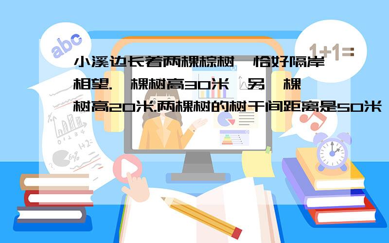 小溪边长着两棵棕树,恰好隔岸相望.一棵树高30米,另一棵树高20米.两棵树的树干间距离是50米,每棵树树顶都停有一只鸟忽然.看见树之间的水面上游出一条鱼,他们立刻去抓鱼.并且同时到达目