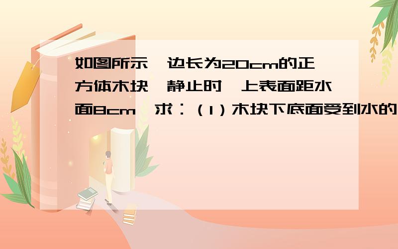 如图所示,边长为20cm的正方体木块,静止时,上表面距水面8cm,求：（1）木块下底面受到水的压强（2）木块受到的浮力（3）木块的质量（4)木块的密度