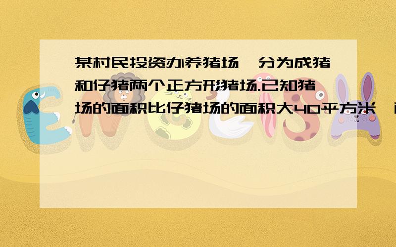 某村民投资办养猪场,分为成猪和仔猪两个正方形猪场.已知猪场的面积比仔猪场的面积大40平方米,两个猪场的围墙总长为80米,求仔猪场的面积.（两个猪场没有公共围墙）急求