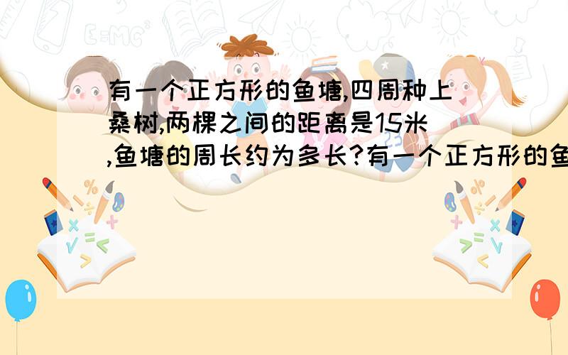 有一个正方形的鱼塘,四周种上桑树,两棵之间的距离是15米,鱼塘的周长约为多长?有一个正方形的鱼塘,四周种上16棵桑树,两棵之间的距离是15米,鱼塘的周长约为多长?