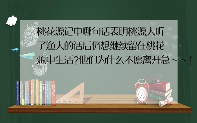 桃花源记中哪句话表明桃源人听了渔人的话后仍想继续留在桃花源中生活?他们为什么不愿离开急~~!        刚注册 没积分  希望大家帮忙详细些