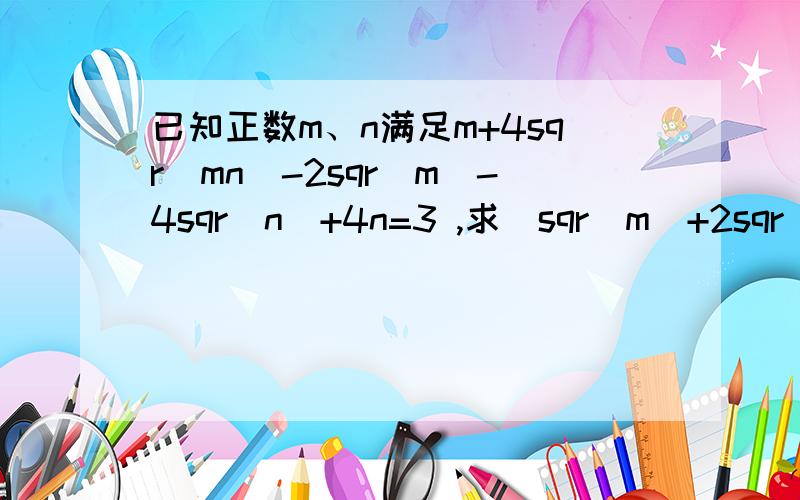 已知正数m、n满足m+4sqr(mn)-2sqr(m)-4sqr(n)+4n=3 ,求[sqr(m)+2sqr(n)-8]/sqr(m)+2sqr(n)+2002 的值.