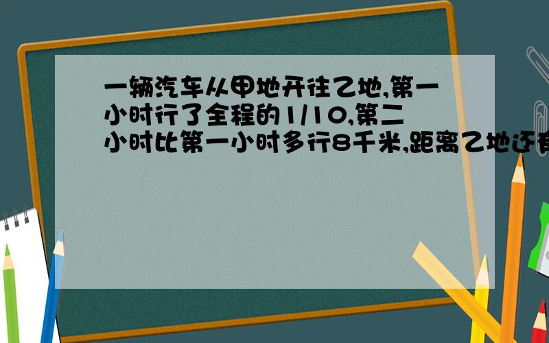 一辆汽车从甲地开往乙地,第一小时行了全程的1/10,第二小时比第一小时多行8千米,距离乙地还有72千米.这段公路有多长