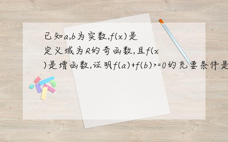 已知a,b为实数,f(x)是定义域为R的奇函数,且f(x)是增函数,证明f(a)+f(b)>=0的充要条件是a+b>=0