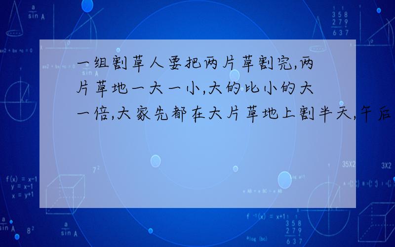 一组割草人要把两片草割完,两片草地一大一小,大的比小的大一倍,大家先都在大片草地上割半天,午后分成两组,一半人继续在大片草地上割,到下午收工时恰好割完；另一半人到小片草地上割,