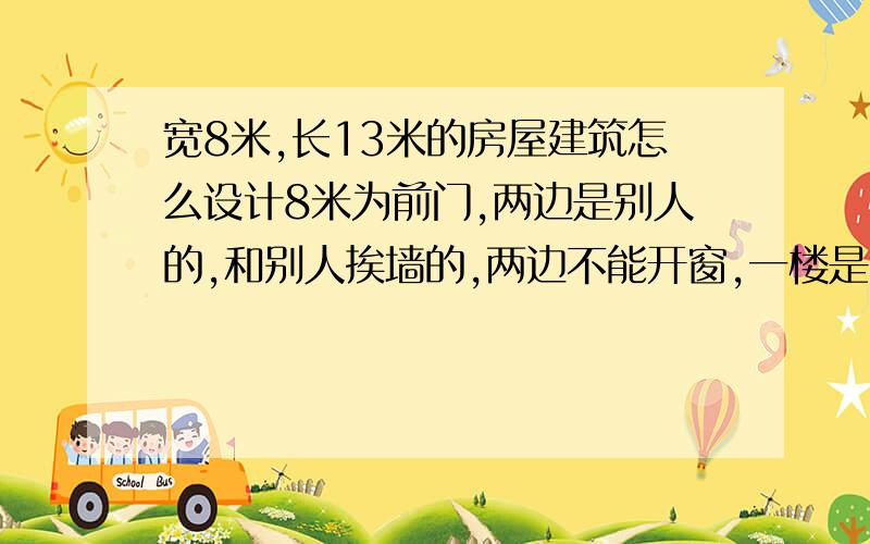 宽8米,长13米的房屋建筑怎么设计8米为前门,两边是别人的,和别人挨墙的,两边不能开窗,一楼是空层,做停车场用,2楼要求是3室2厅,一个主卧1个次卧1个书房,一个客厅,客厅需要大点,一个厨房一