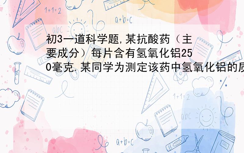 初3一道科学题,某抗酸药（主要成分）每片含有氢氧化铝250毫克.某同学为测定该药中氢氧化铝的质量分数,进行如下操作：取一片质量为0.5克的药片研碎后加20毫升蒸馏水,然后加入质量分数为