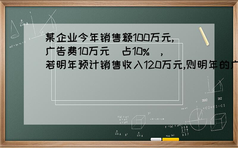 某企业今年销售额100万元,广告费10万元（占10%）,若明年预计销售收入120万元,则明年的广告费应为多少?（利用销售百分比法）A、10万元 B、12万元 C、8万元 D、14万元要有计算公式的