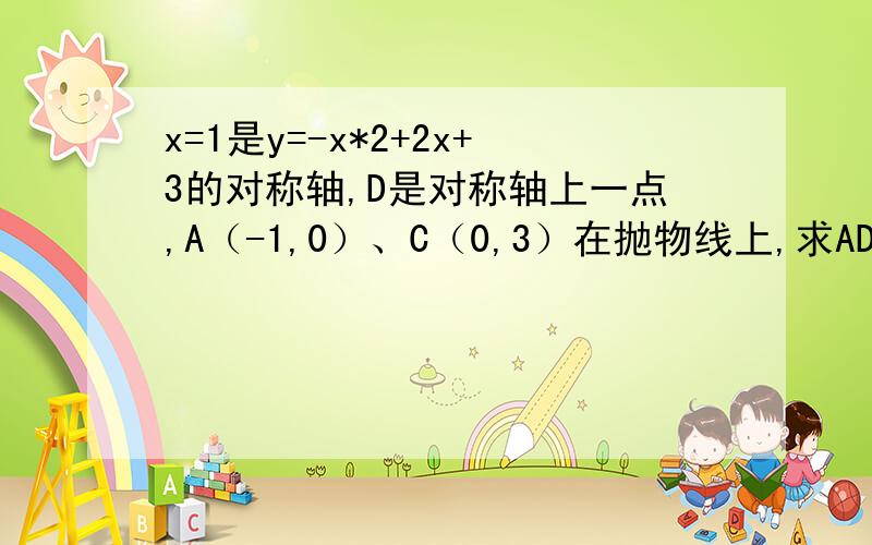 x=1是y=-x*2+2x+3的对称轴,D是对称轴上一点,A（-1,0）、C（0,3）在抛物线上,求AD+CD最小值