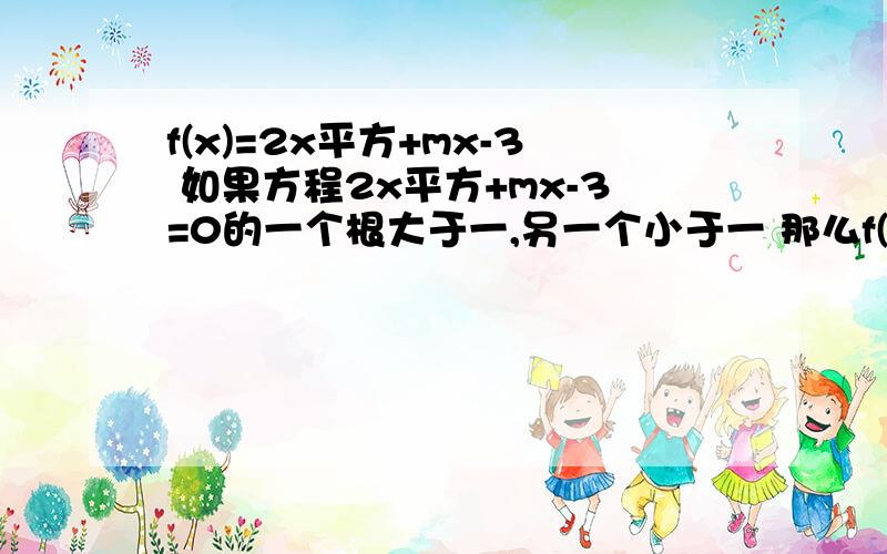 f(x)=2x平方+mx-3 如果方程2x平方+mx-3=0的一个根大于一,另一个小于一 那么f(f(x)=2x平方+mx-3如果方程2x平方+mx-3=0的一个根大于一,另一个小于一那么f(1)=2+m-3小于0我想问下为何那个小于0