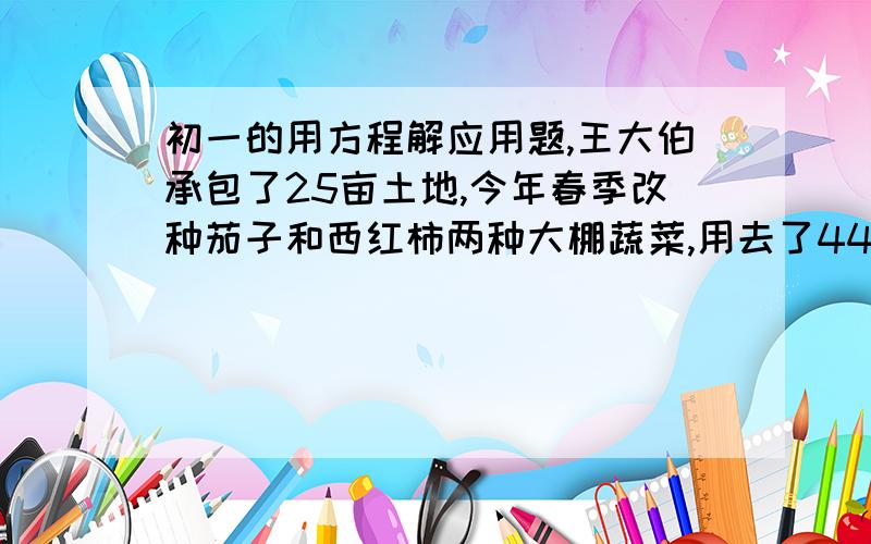 初一的用方程解应用题,王大伯承包了25亩土地,今年春季改种茄子和西红柿两种大棚蔬菜,用去了44000元.其中种茄子每亩用了1700元,获纯利2400元,种西红柿每亩用了1800元,获纯利2600元,问王大伯一