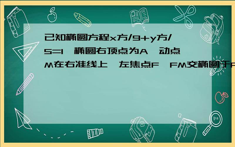 已知椭圆方程x方/9+y方/5=1,椭圆右顶点为A,动点M在右准线上,左焦点F,FM交椭圆于P,设直线PA的斜率为k1直线MA斜率为k2,求k1k2取值范围