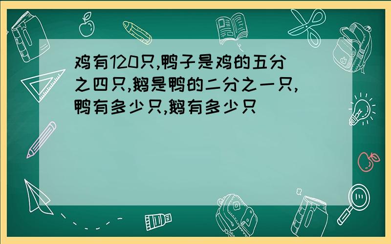 鸡有120只,鸭子是鸡的五分之四只,鹅是鸭的二分之一只,鸭有多少只,鹅有多少只