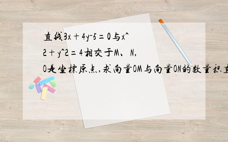 直线3x+4y-5=0与x^2+y^2=4相交于M、N,O是坐标原点,求向量OM与向量ON的数量积直线在y轴的截距是5/4〈2，必两交点。能否用几何方法解：OM的模乘ON的模乘cosθ，θ怎么求