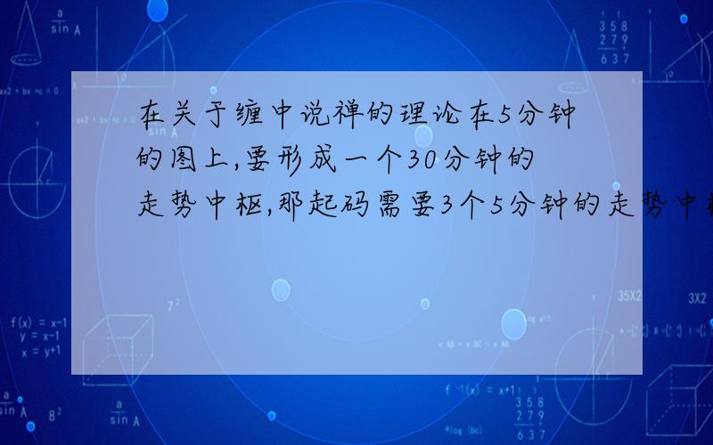 在关于缠中说禅的理论在5分钟的图上,要形成一个30分钟的走势中枢,那起码需要3个5分钟的走势中枢,一个线段需要起码7条5分钟K线.那么用数字表达的话,一共需要 3（段）*5（分钟）*7(k线）*3