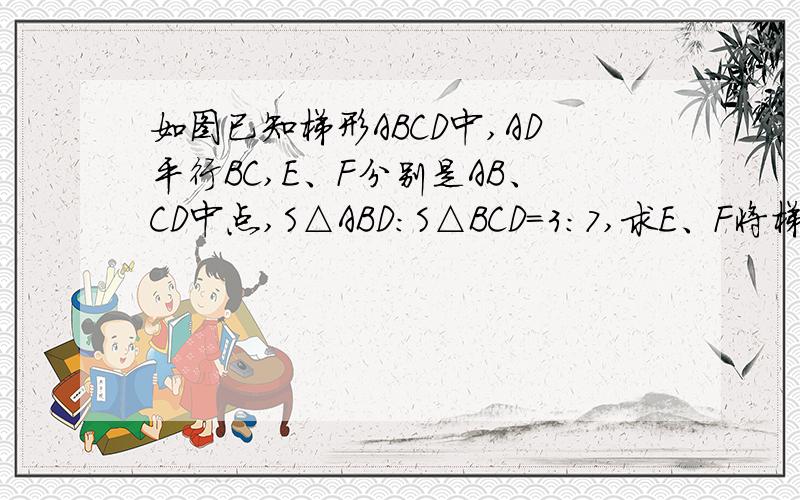 如图已知梯形ABCD中,AD平行BC,E、F分别是AB、CD中点,S△ABD：S△BCD=3:7,求E、F将梯形ABCD分成的两部分的面积之比