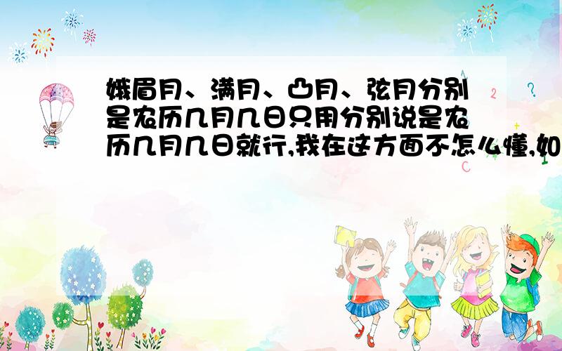 娥眉月、满月、凸月、弦月分别是农历几月几日只用分别说是农历几月几日就行,我在这方面不怎么懂,如果问的不正确,你也可以有自己的观点再回答.