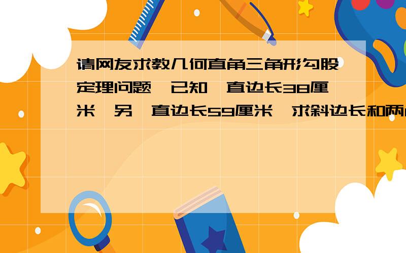 请网友求教几何直角三角形勾股定理问题,已知一直边长38厘米,另一直边长59厘米,求斜边长和两角度数,